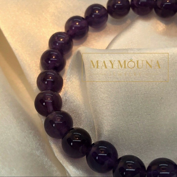 GENUINE AMETHYST GEMSTONES ELASTIC BRACELET UNISEX - Picture 2 of 5